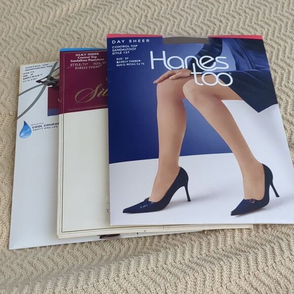 Hanes Silk Reflections Stockings Lot of 3 Size EF 2 Barely There, 1 blk slimming - Picture 1 of 7